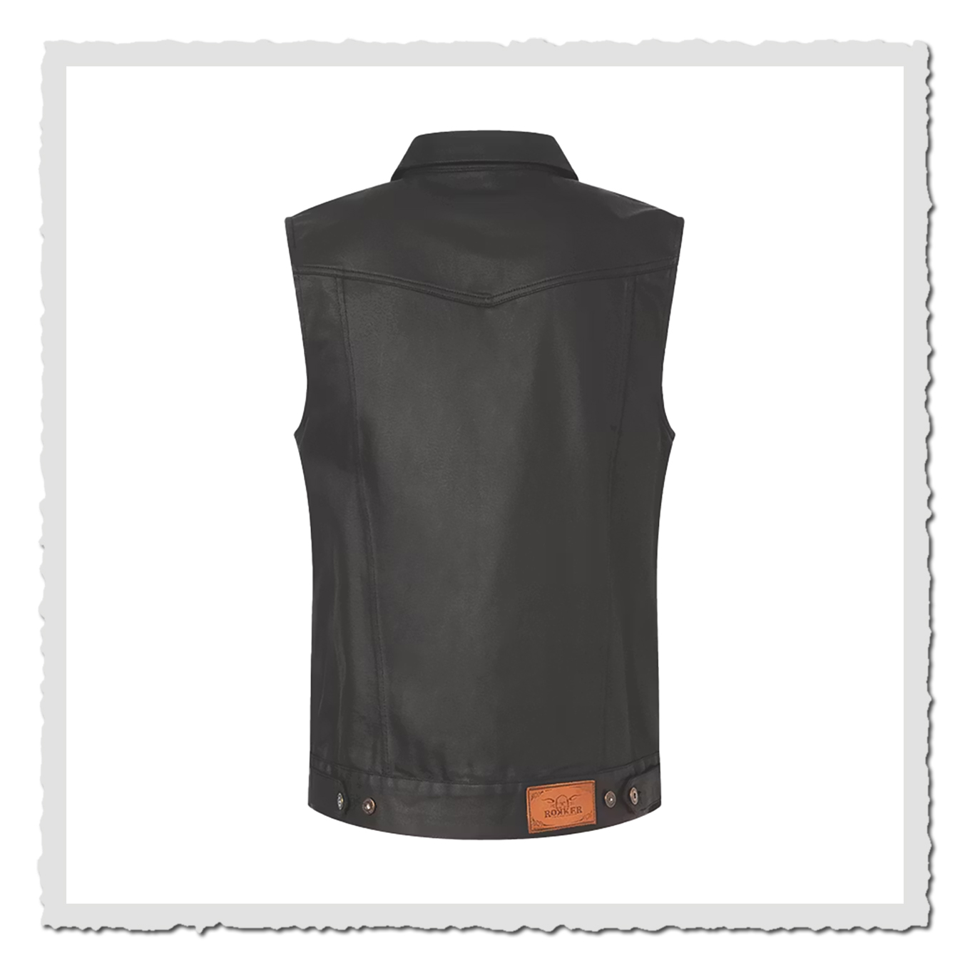 chwarze Weste freigestellt, Rückenansicht mit kleinem braunen Patch am unteren Saum.